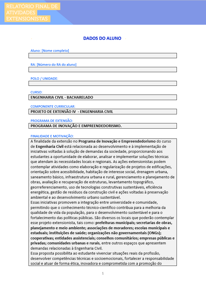 Engenharia Civil Portfólio Individual - Projeto de extensão IV - Engenharia Civil